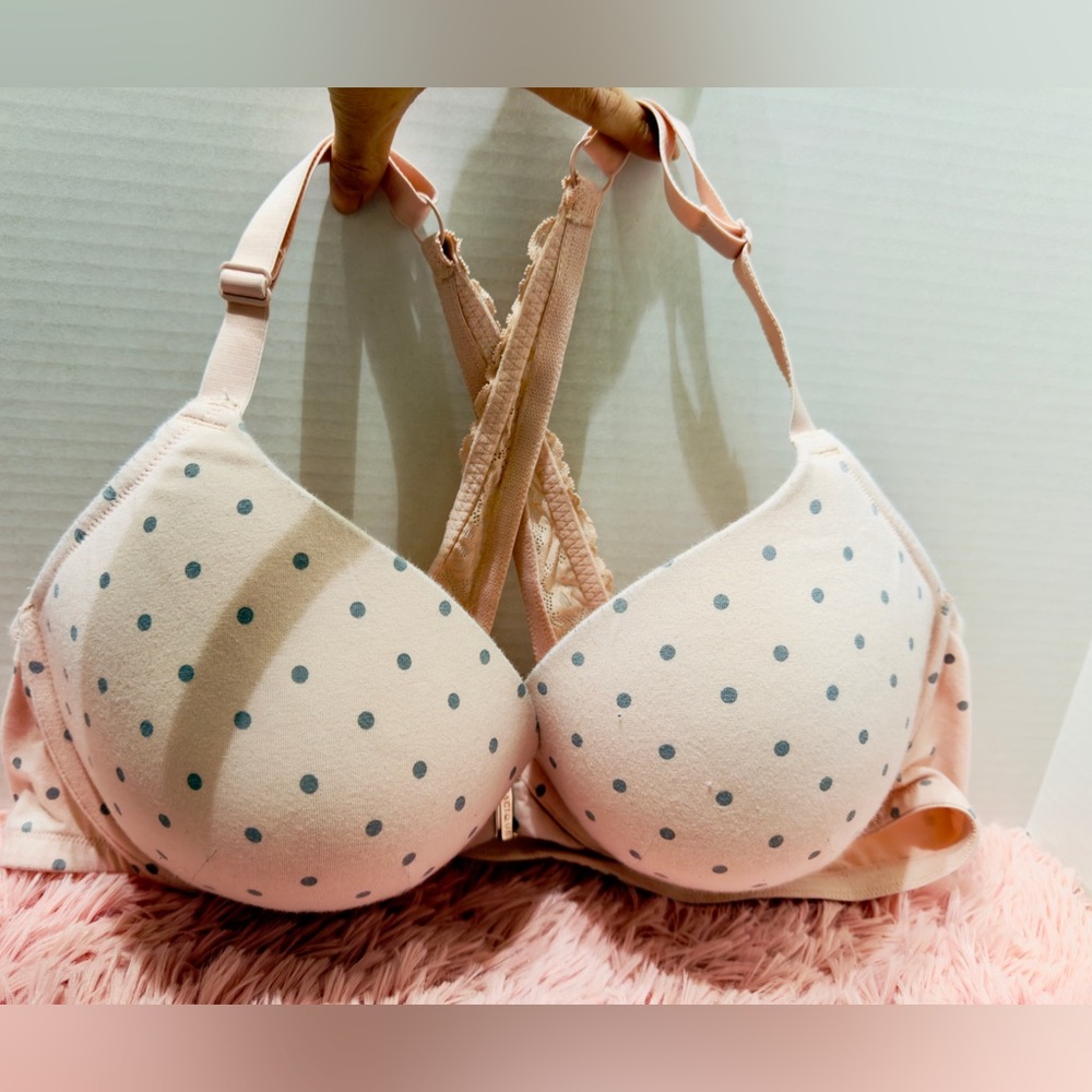 Cacique by Lane Bryant Front-Closure Pink Polka Dots Plunge Bra Sz 46C‎ EUC